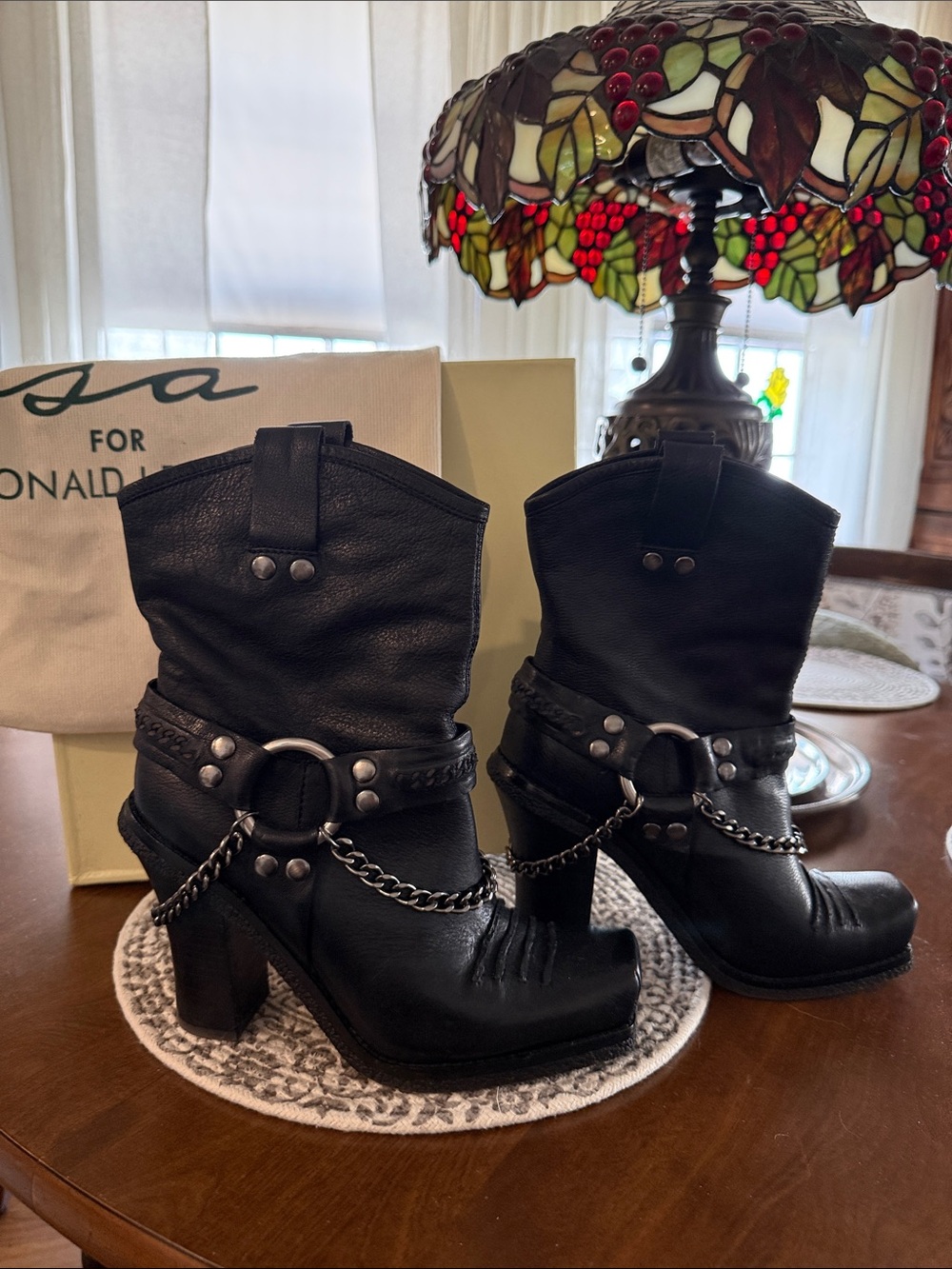 Lisa for Donald J Pliner Black Leather Chunky Heel Moto Boots with Chain Accent